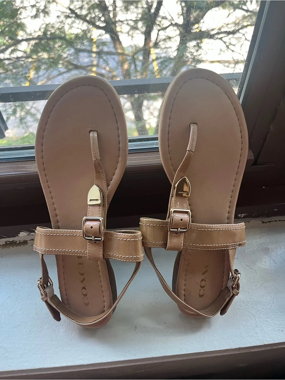 Coach Tan Leather Buckle Thong Sandals with Gold Accents